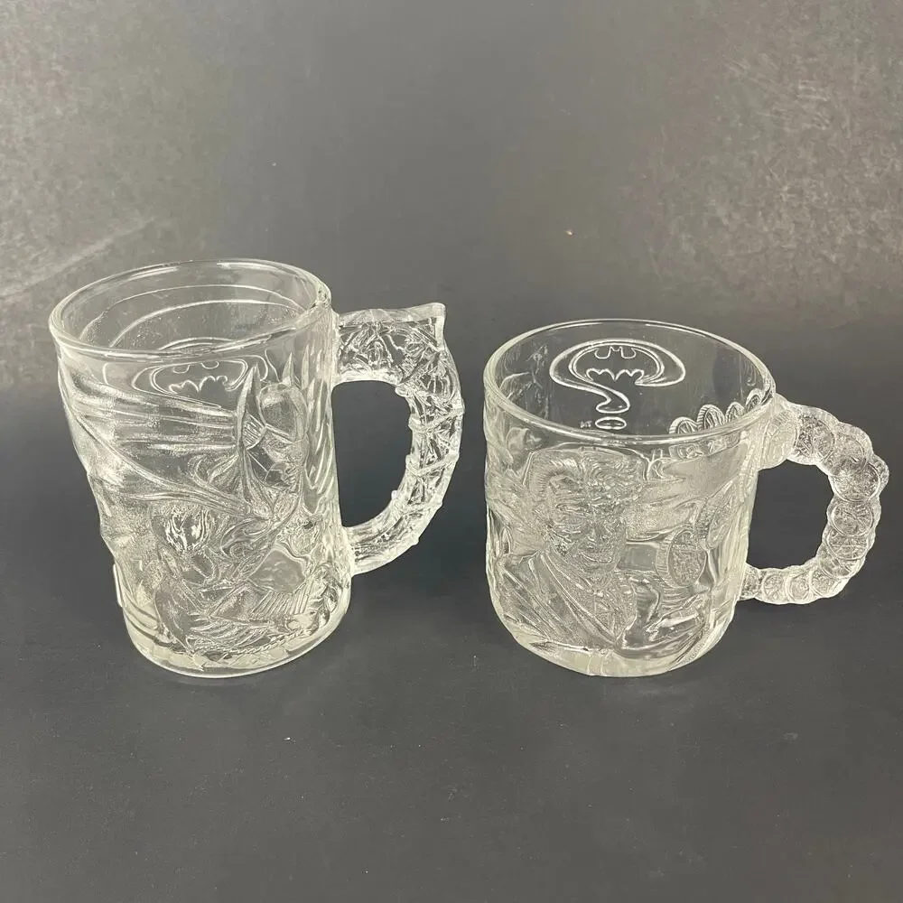 Vintage McDonalds Embossed 3D Design Mugs Batman Forever Glass Collectible 8 oz.